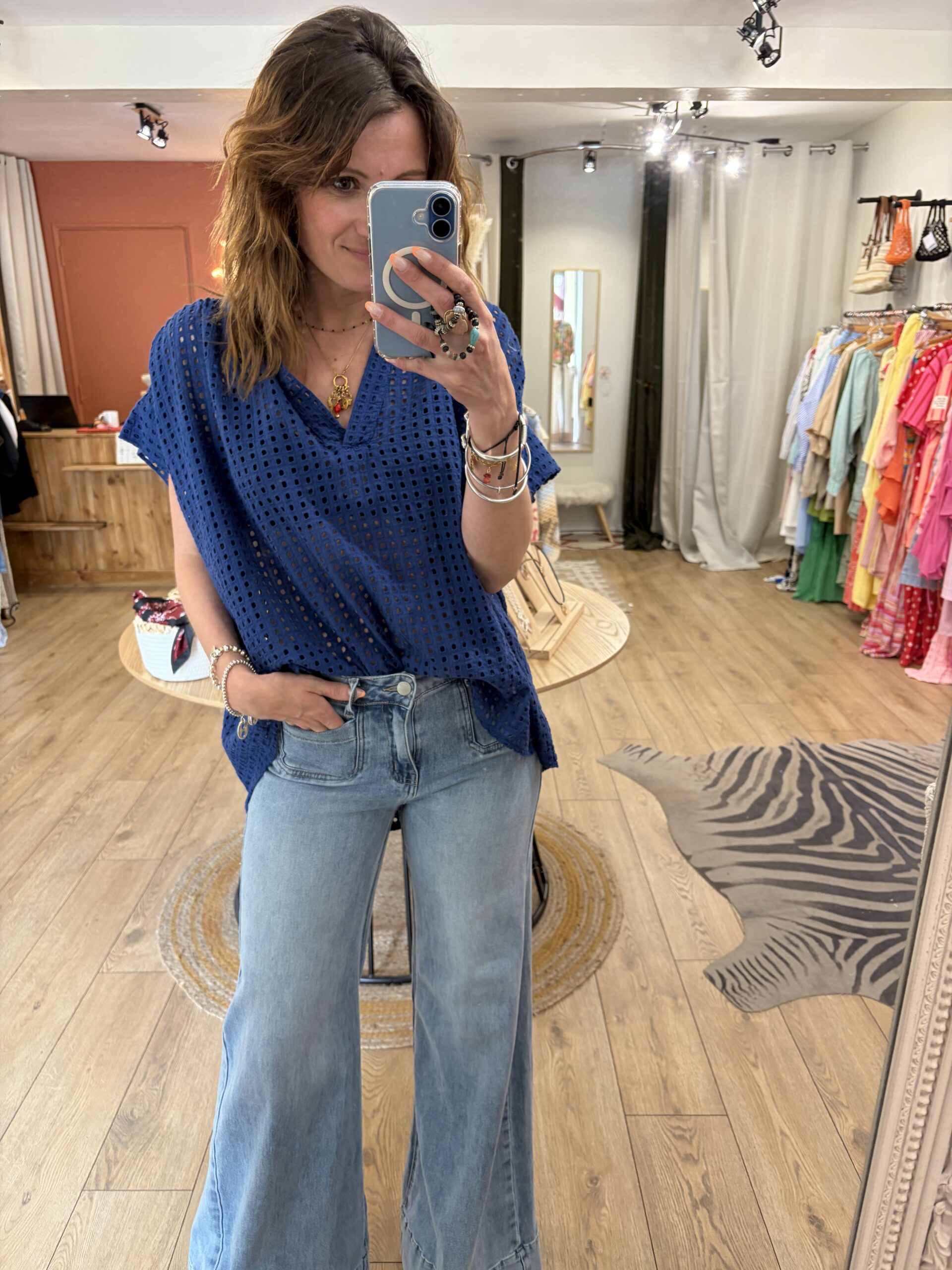 Top effet maille Léna bleu