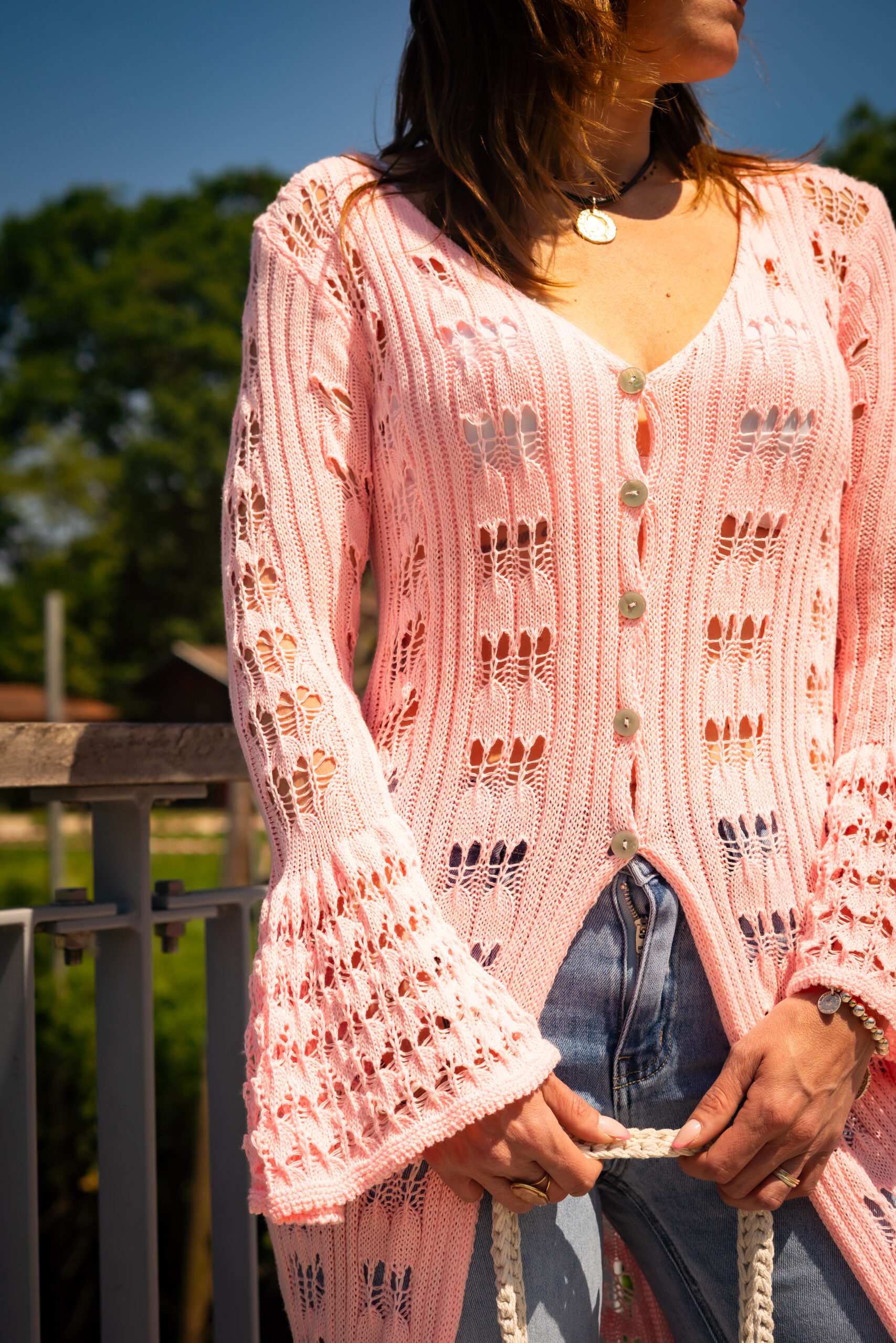 Gilet long crochet bohème Marie rose