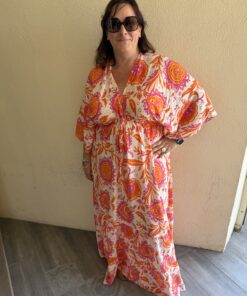 Robe Sandra blanche fleurs rose et orange