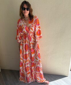Alternative view of Robe Sandra blanche fleurs rose et orange